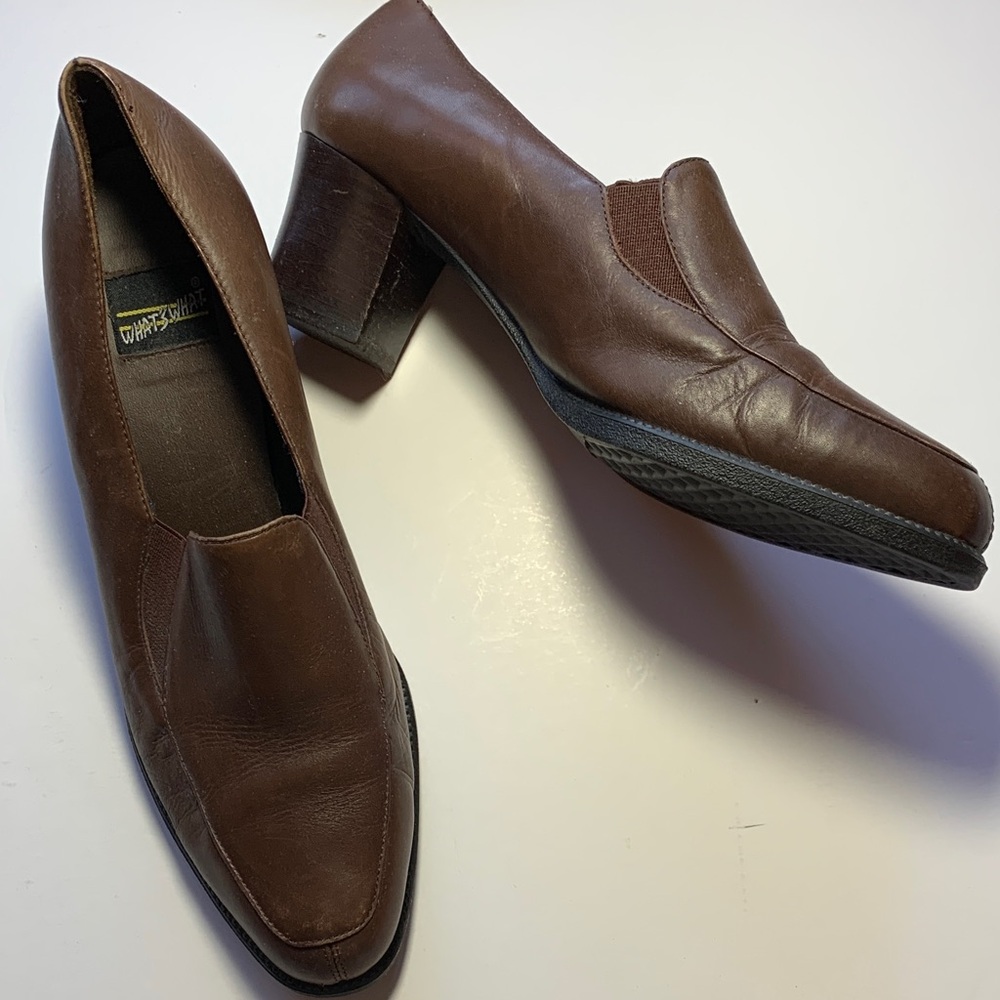 Vintage What's What Brown Leather Block Heel Loafers 8.5M
